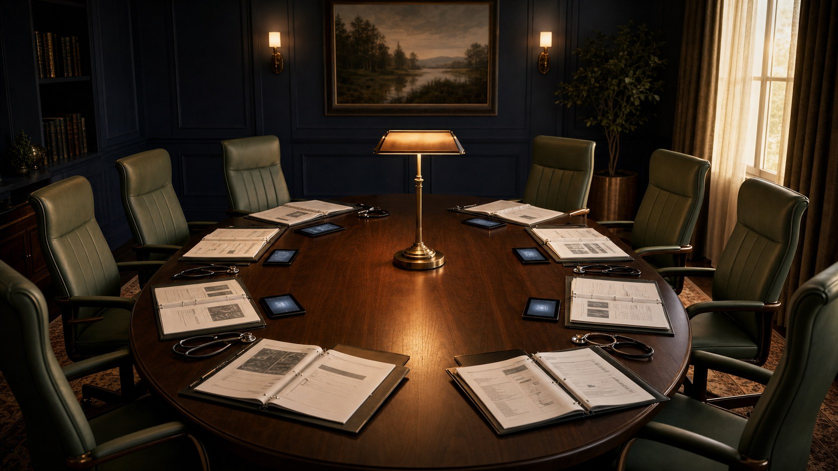 An empty boardroom with open patient charts at each seat, a warm brass desk lamp glowing in the center 2014 the Clinical Advisory Board reviews every case before it becomes a treatment plan
