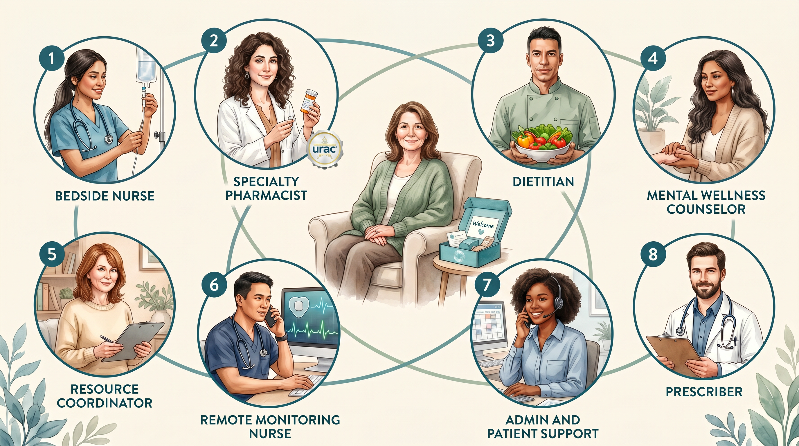 You are the center of your care. Eight QSC team members stand with every patient: bedside nurse, specialty pharmacist, dietitian, mental wellness counselor, resource coordinator, remote monitoring nurse, admin and patient support, and prescriber. A welcome kit greets every new patient.
