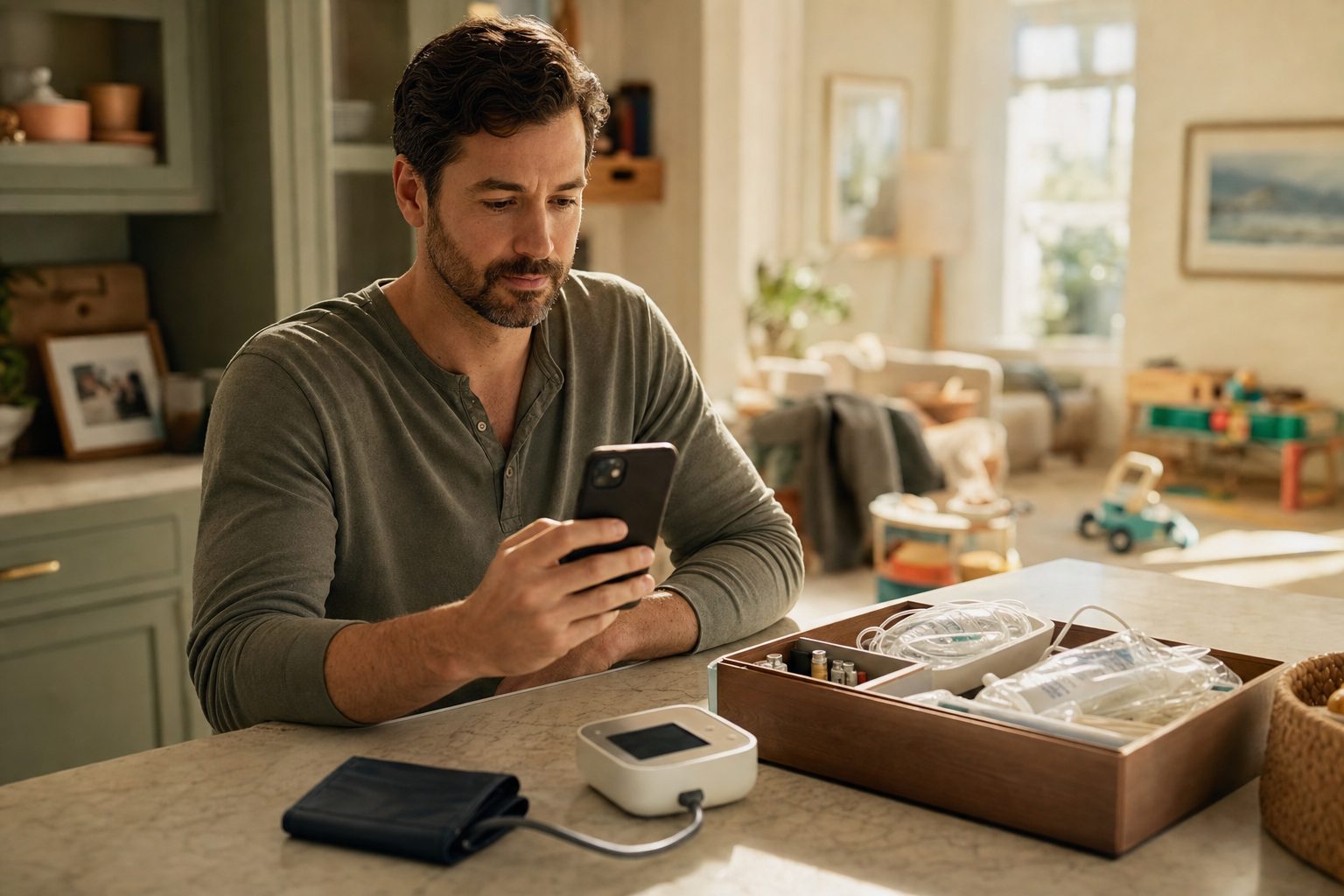 Plan member at home with his connected monitoring kit — BP cuff and supplies on the counter