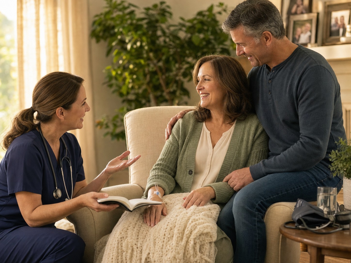 A Quantify patient at home with her husband and a visiting Quantify nurse — a warm three-way conversation in golden afternoon light